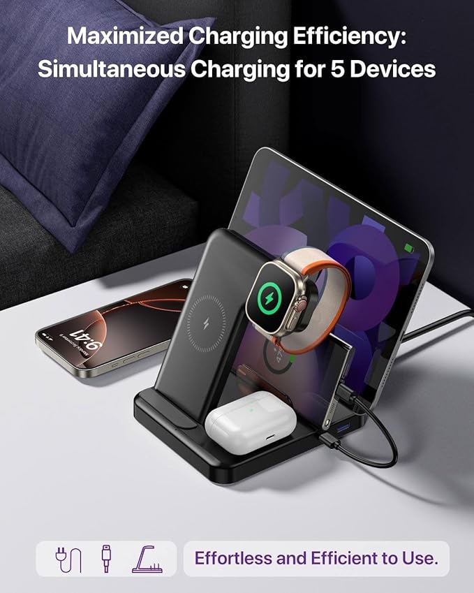Intoval 5-in-1 Charging Station, for iPhones 17/17 Pro/17 Pro Max and Androids, iPad Pro/Air/Mini, Apple Watch 11/Ultra 3/Ultra 2/Ultra/10/9/8/7/SE, Wireless Charging Dock for Multiple Devices (White)