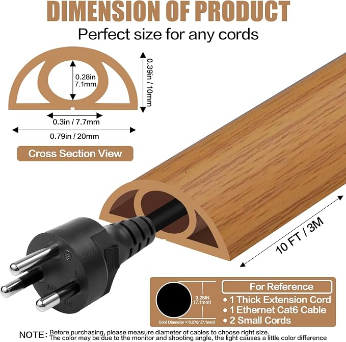 Floor Cord Cover Self Adhesive Cord Hider,10FT Cable Management, Extension Strip Protector for Wires, Prevent Cable Trips for Offices, Gyms, Exhibitions Cavity:0.3"(W) x 0.28"(H) Brown Wood - Image 2