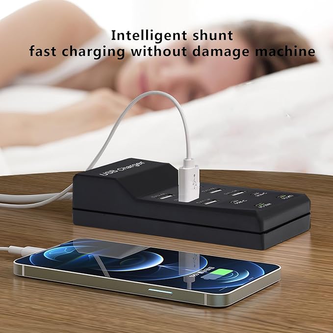 50W USB Charging Station with 10-Port Family-Sized Smart USB Ports for Multiple Devices - Smart Phone, Tablet, Laptop Computer - for iPhone 15/14/13 Black