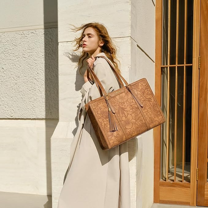 LOVEVOOK Laptop Bag for Women Vintage Leather Work Tote 15.6 inch Large Capacity Computer bag with Clutch Purse for Office, Travel, Casual