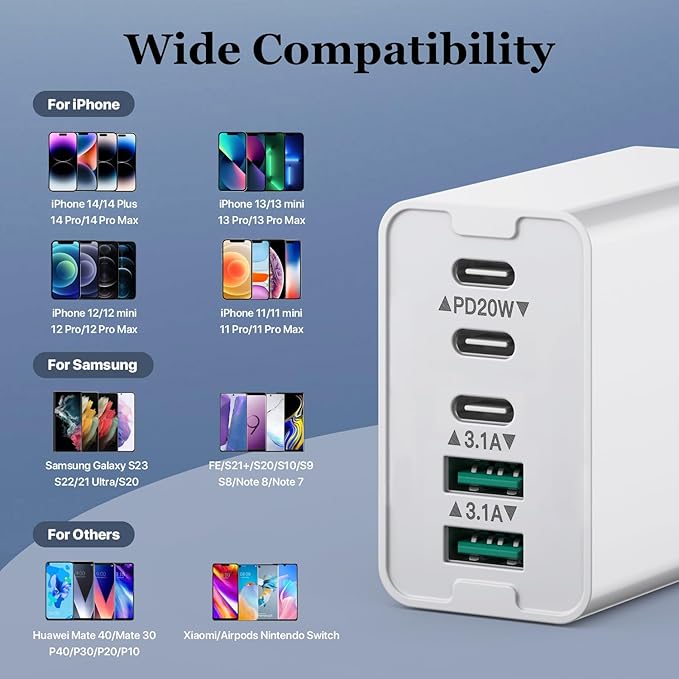 USB C Wall Charger, 50W 5 - Port Charger Block, Fast Charging 3 Type - C + 2 QC Wall Plug Multiport for iPhone 12/13/14/15, PD Fast Charger Power Adapter for Samsung S23/S22/S21/Tablet