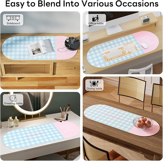 Checkered Pattern Desk Pad Protector, 35.5 x 13'' Aesthetic Mouse Mat for Desktop, Waterproof PU Leathe Non-Slip Desk Writing Pad for Office and Home, Blue and Pink