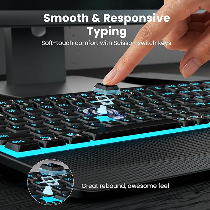 Wireless Keyboard and Mouse Combo, (Upgraded Version) Rechargeable Backlit Ergonomic Keyboard with 4000mAh Battery, Wrist Rest and Phone Holder, Quiet for PC/Mac/Laptop/Windows/Chrome OS - SABLUTE