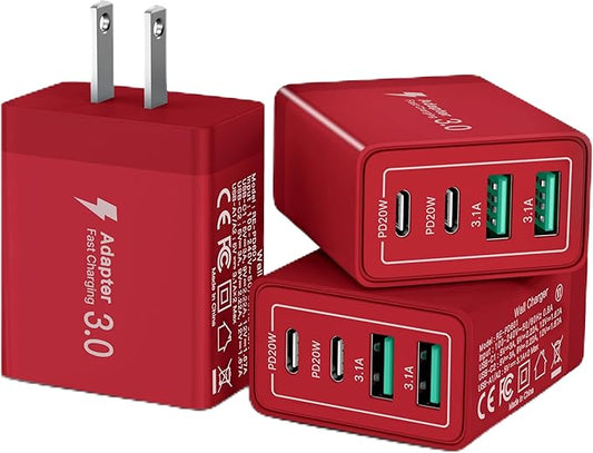 [3-Pack] USB Charger Fast Charging Block 40W Type C Charging Blocks 4-Port PD Power Adapter + QC Wall Plug Multiport USB C Charger Block for iPhone 17 16 15 14 13 12 11 Pro Max XR XS 8