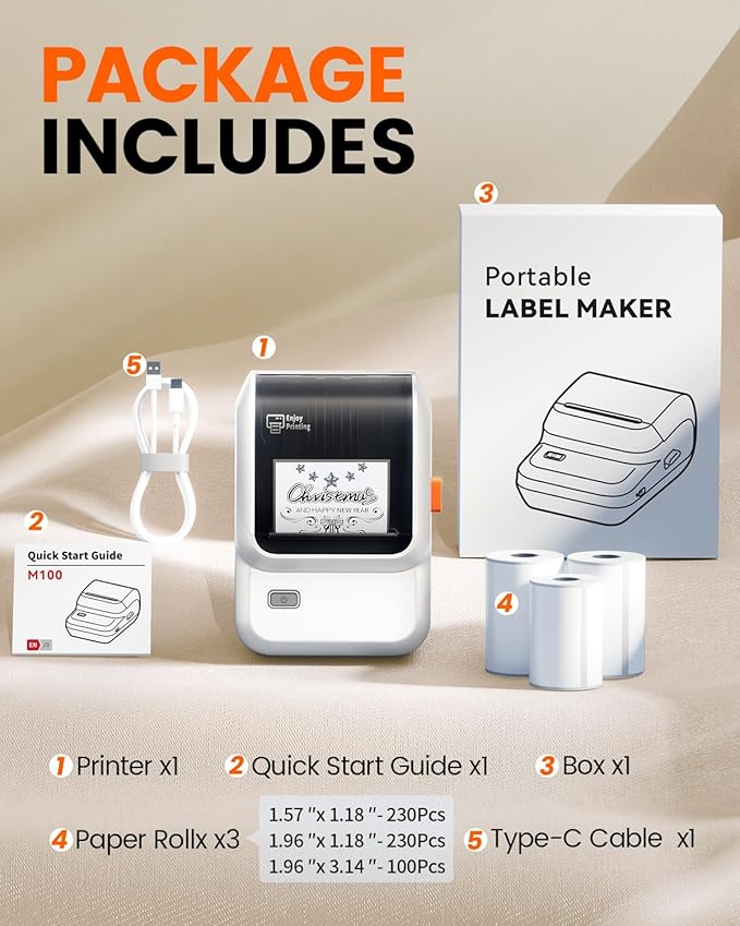 Label Maker Machine with 3 Tapes, M100 Bluetooth Label Printer, Versatile App with 3000 Icons and 300 Templates, 2 Inch Barcode Label Maker for Small Business, Office, Home, School, White