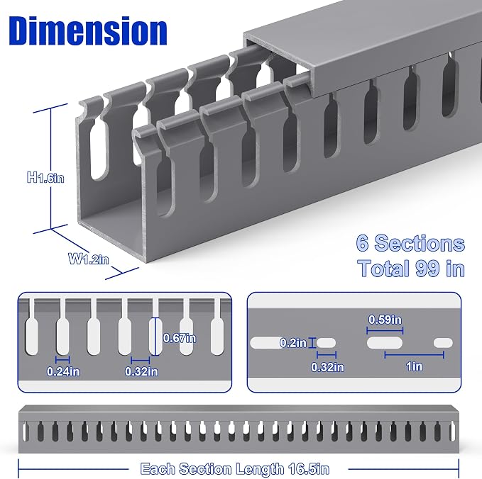 ZhiYo H1.6in W1.2in Professional Server Rack Cable Management Raceway, 99in (6X L16.5in) Cable Raceway Kit, Electrically Safe PVC Open Slot Wire Raceway for Under Desk/Computer/Network Cords, Grey - Image 2