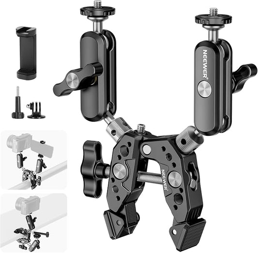 NEEWER Heavy Duty Super Clamp with Two 360° Dual Ball Head Magic Arms, 1/4" 3/8" Screw Threads, Phone & Action Camera Mount Adapter for Flat/Round Surface Compatible with GoPro DJI Insta360 DSLR by Neewer