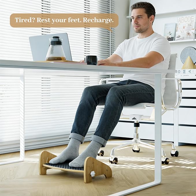 Under Desk Footrest, Adjustable Foot Stool with 4 Height Positions, Bamboo Ergonomic Non-Slip Foot Rest for Improved Posture, for Home and Office