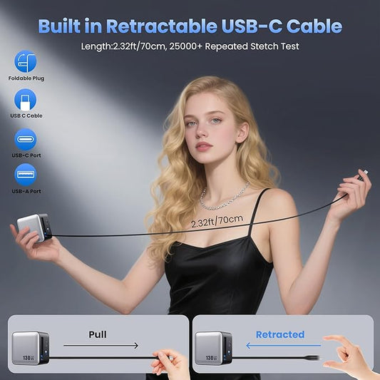 130W USB C Wall Charger,GaN III 3-Port Fast Charging Station,PD QC Foldable Charger Block Portable 65W USB C Laptop Adapter for MacBook Pro/Air,iPad Pro,Galaxy S23,Dell XPS,iPhone 16