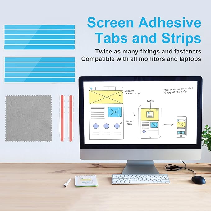 12pcs Privacy Screen Adhesive Strips and 2pcs Plastic Slide Mount Tabs for Computer Monitors with Microfiber Cloth for Easily Installing Laptop Privacy Screen Protector - Replacement Kits