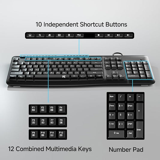 Redragon BK7366 Wired Keyboard,Multimedia USB Quiet Computer Keyboard,Silent Keyboard with Large Number Pad,Spill-Resistant,Anti-Wear Letters,Full Size for Laptop,Desktop