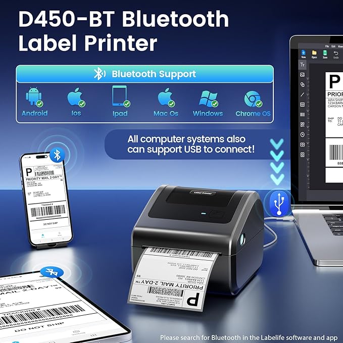 Bluetooth Shipping Label Printer 4x6, D450BT Thermal Label Printer for Shipping Packages, Thermal Printers for Small Business, Compatible with Android, iPhone, Windows, macOS, Tiktok, UPS