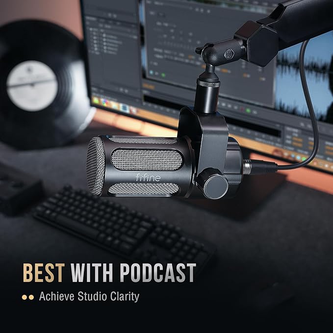 FIFINE XLR Dynamic Microphone, Studio Vocal Mic for Recording, All Metal XLR Podcast Microphone with Mid-Boost, Low-Cut Filter for Voice-Over, Compatible with Mixer/Audio Interface-AmpliTank TANK1