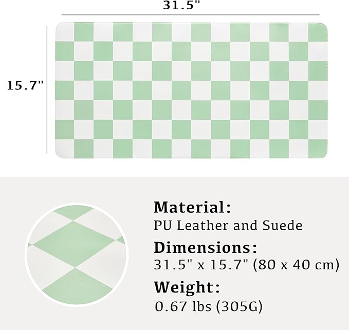 Checkered Desk Mat, 31.5" x 15.7" Large Cute Sage Green Aesthetic Retro Accessories PU Leather Computer Laptop Desk Mat, Mouse Keyboard Pad, Desk Writing Makeup Mat for Vanity/Work/Home Decor