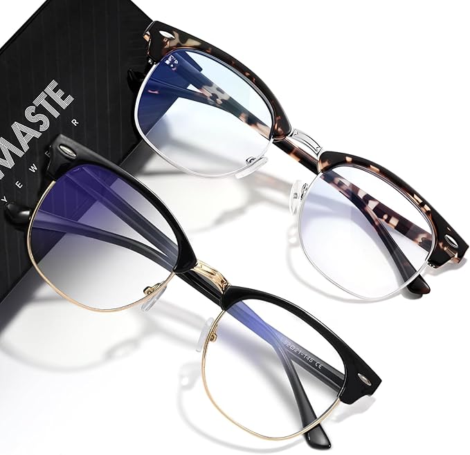 Blue Light Blocking Glasses Vintage Half Frame UV Clear Lens Anti Eyestrain Computer Gaming Glasses for Women Men (E-black Gold+leopard Silver)