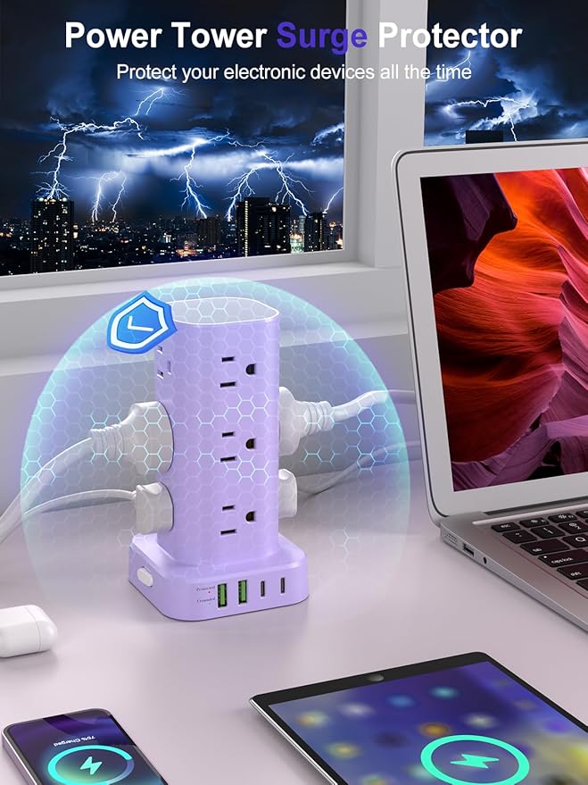Power Strip Tower with Multiple Outlets, Flat Plug Surge Protector Tower Extension Cord with 12 AC Outlets 4 USB Ports (2 USB C), 6FT Cord Power Tower Surge Protector for Home Office Dorm Room, Purple