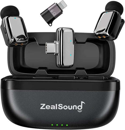 ZealSound Mini Microphone, Wireless Lavalier Mic for iPhone/iPad/Android, USB-C/Lightning, Noise Reduction, 33H Battery with Charging Case for Content Creators, TikTok & YouTube Videos - Chrome Silver