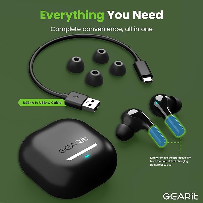 GEARit True Wireless Bluetooth Earbuds Compatible with iPhone, Android - 22H Playtime Earpods w/Active Noise Cancellation Up to 98.5% - HD Sound Clarity, Smart Touch Control - 5.4 Bluetooth Ear Buds