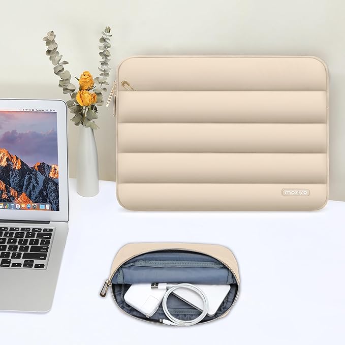 MOSISO Laptop Case 16 inch, 15-15.6 inch Puffy Laptop Sleeve Compatible with MacBook Pro 16 M5 M4 M3 M2 M1, HP Dell ASUS Acer Toshiba Lenovo, Polyester Horizontal Bag with Small Case, Apricot