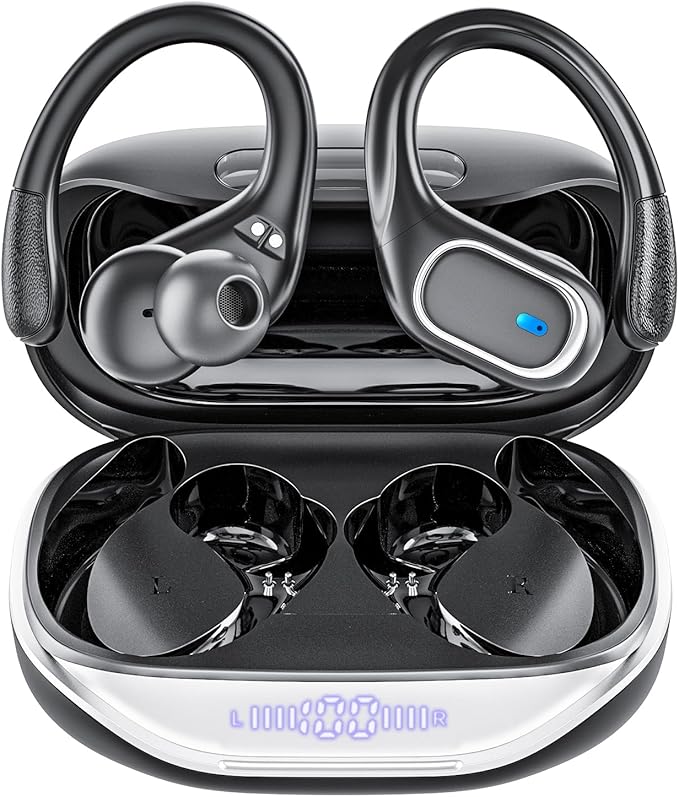 Wireless Earbuds Bluetooth 5.3 Headphones with 80H Playback, IPX7 Waterproof Over Ear Buds with LED Power Display for Sports Running Workouts