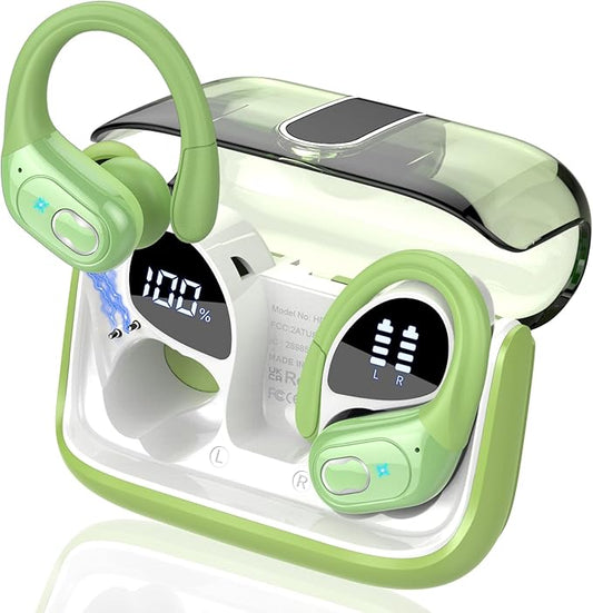 Wireless Earbuds 75hrs Bluetooth 5.4 Headphone Sport, 2026 Bluetooth Earbuds Stereo Deep Bass Over Ear Bud with Earhooks, ENC Noise Cancelling Mic, IPX7 Waterproof Earphone for Gym/Workout, Green