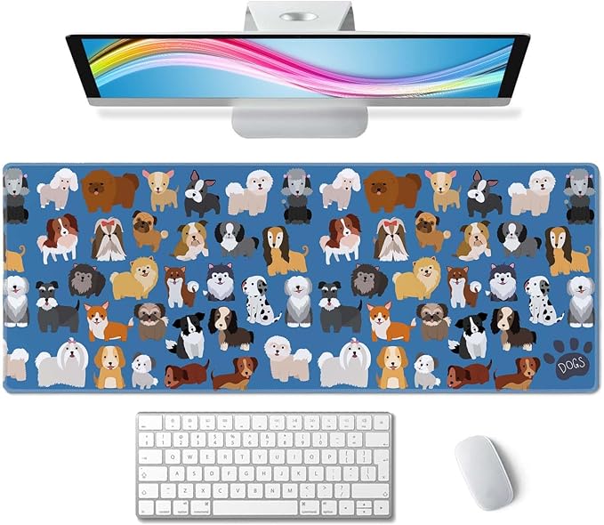 Cute Dog & Puppy XL Gaming Mouse Mat - 31.5 x 11.8 Inch Extended Long, Thin Desk Pad for Keyboard Mice