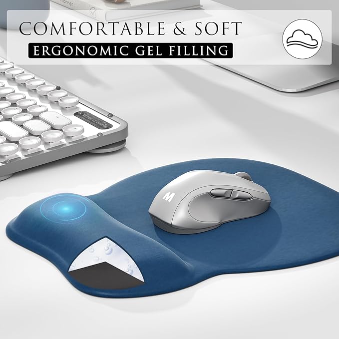 MROCO Ergonomic Mouse Pad with Gel Wrist Rest, Smooth Wrist Support Surface, Non-Slip PU Base for Pain Relief, Comfortable Mousepad for Computer, Laptop, Office & Home, 9.4 x 8.1 in, Navy Blue