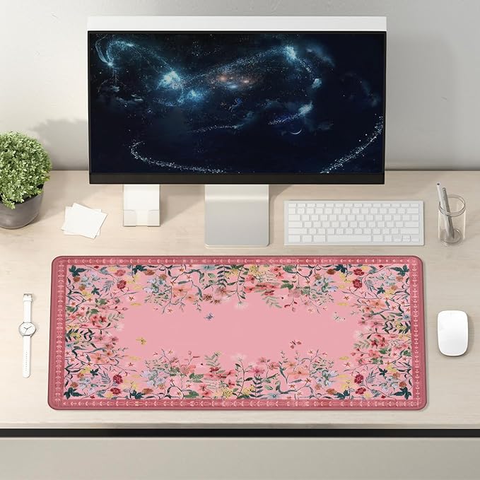 Vibrant Pink Flower Floral Large Mouse Pad 31.5x15.7inch, Aesthetic Wildflower Butterfly Botanical Big Extended Desk Mat Mousepad XL Gaming Keyboard Mat for Home Office Accessories