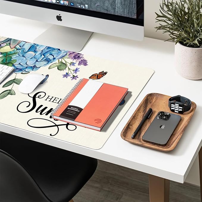 Large Mouse Pad, Hello Sunshine Floral Desk Mat for Desktop, Women Girls Flowers PU Leather Waterproof Desk Pad, Computer PC Laptop Protector Gaming Mouse Pads for School Office Home (23.6" x 11.8")