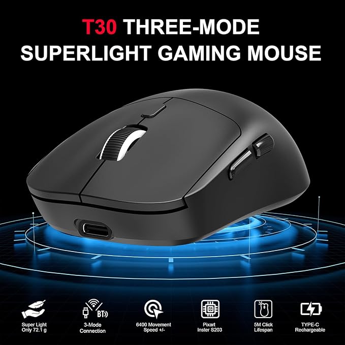 GOWENIC Wireless Gaming Mouse, 6400 DPI 3-Mode Gaming Mouse, 2.4G Wired 6 Keys Ergonomic Design for Desktop Laptop (T30 Black)