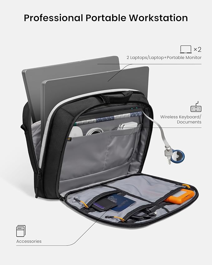 tomtoc 16-inch Dual Compartment Laptop Briefcase for 2 Laptops, Business Protective Laptop Messenger Shoulder Bag for a Laptop+ a Portable Monitor, Water-resistant Multi-functional Computer Work Bag