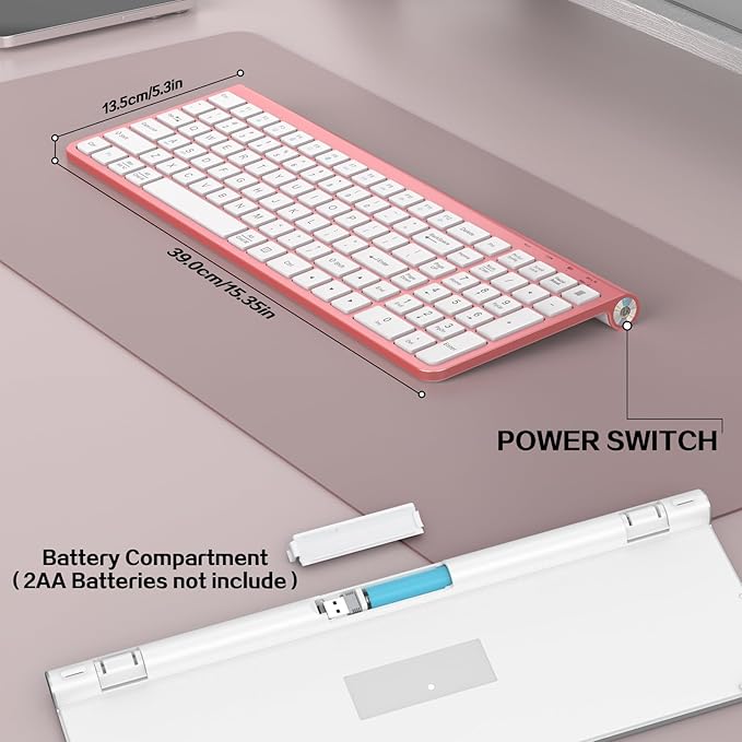JOYACCESS Pink Wireless Keyboard,USB & Type C 2-in-1 Receiver, Full-Sized Ergonomic Computer Keyboard with Cover,Compatible with Windows/Mac/PC/Laptop