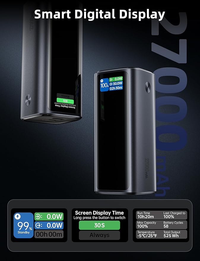 Laptop Power Bank, 130W Portable Charger with Dual Ports & Built-in Retractable Cable, 27000mAh Portable Power Bank with Smart Digital Display, for iPhone 17/16/15 Pro/Pro Max Series, MacBook, Android