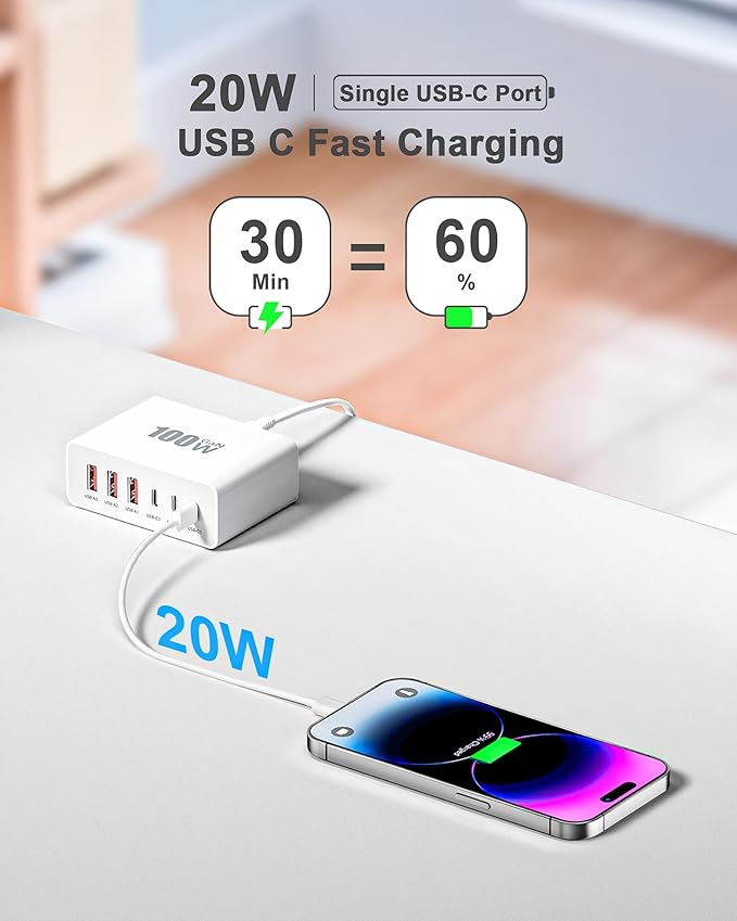 USB C Charger Block, 100W GaN Fast Charging Blocks USBC Charger 6 Port Charging Station Hub Brick Cube, USB-C Wall Charger Type C Adapter Plug for iPhone 16 15 14 13 12 11 Pro Max, Samsung, 5FT Cord