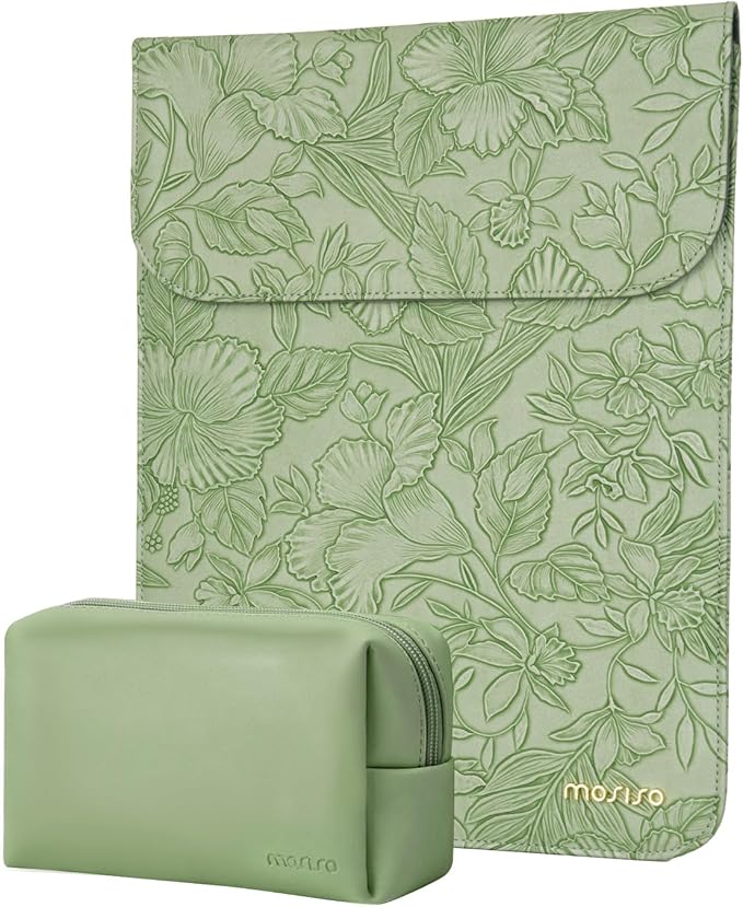 MOSISO Laptop Case 13.3 inch, 13-13.3 inch Laptop Sleeve Compatible with MacBook Air/Pro 13/Pro 14,HP Dell ASUS Lenovo Notebook,Embossed Retro Hibiscus PU Leather Case with Small Bag, Sage Green