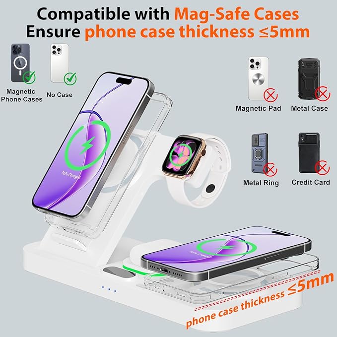 Dual Phone Magnetic Wireless Charging Station for Apple Devices/Apple Ecosystem,with Auto-Switch 7-Color Light & Clock, Compatible with iPhone 17/16/15, for iWatch 11/10/9 & AirPods Pro3（White