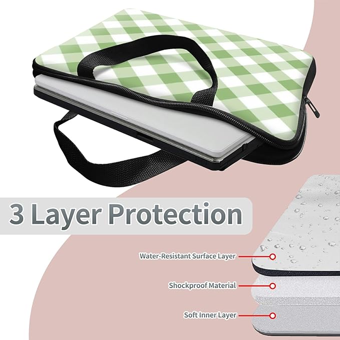 Universal Laptop Sleeve Tablet Case 12 inch, Green and White Checkered Slim Carrying Handbag Travel Laptop Bag for Surface Pro 9 8 7/Laptop Go 2 3, MacBook Air 11/12