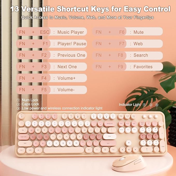 HotFox Wireless Keyboard and Mouse Combo, Full-Size Retro Typewriter Keyboard with Round Keycaps, Ergonomic Design for Windows PC, Home and Office Use -Brown