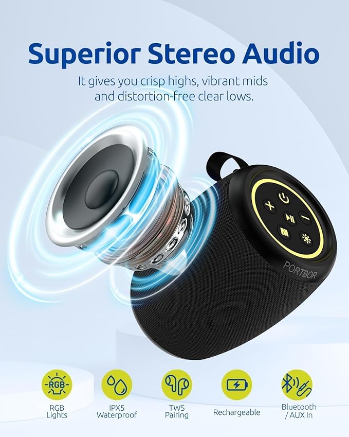 Bluetooth Speaker, Portable Wireless, Powerful Stereo Sound, IPX5 Waterproof, 15H Playtime, BT5.3, TWS Surround Pairing, Electronics Gadgets for Outdoor/Home/Party/Travel/Beach/Shower, Birthday Gifts