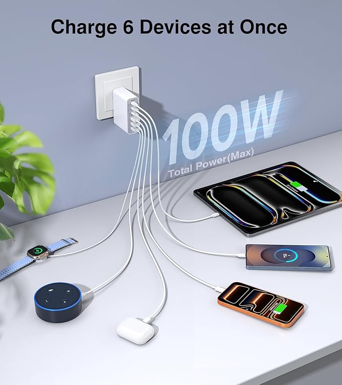 USB C Charger Block, 100W 6-Port Fast Charger Multiport Type C Charging Block, USB Wall Plug Dual PD+QC Charging Cube Brick for iPhone 17/16/15/14/13/12 Pro Max XS, iPad, Samsung Phone, Tablet