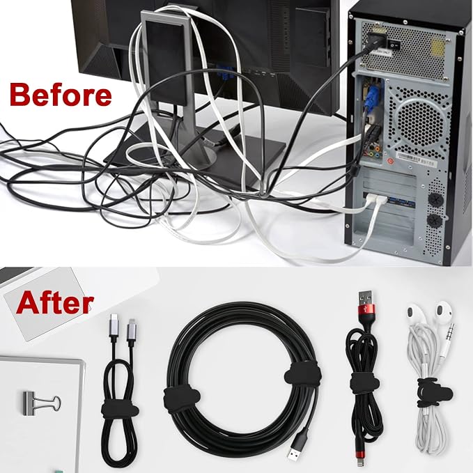 Nearockle 16Pcs Silicone Cable Straps Wire Organizer for Bundling Earphone, Phone Charger, Computer Cords, Reusable Cable Ties Cord Organizer in Home,Office,Kitchen,School(Black) - Image 5