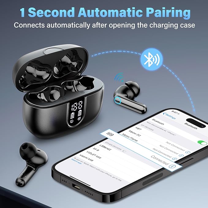 Wireless Earbuds, Ear Buds with Noise Cancelling Mic, Hi-Fi Stereo Bass Ear Buds with 48H Playtime, Bluetooth 5.4 Headphones Bass Stereo, Bluetooth Earbuds for Laptop, Phones, Sports