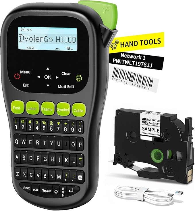 Label Maker Machine with-Tape, Label Maker Waterproof-Labels, Wire Labeler Machine with Tapes Laminated, H1100 Handheld Labeling Maker, Backlit-LCD & One-Touch Key, Home Industrial Office Organization