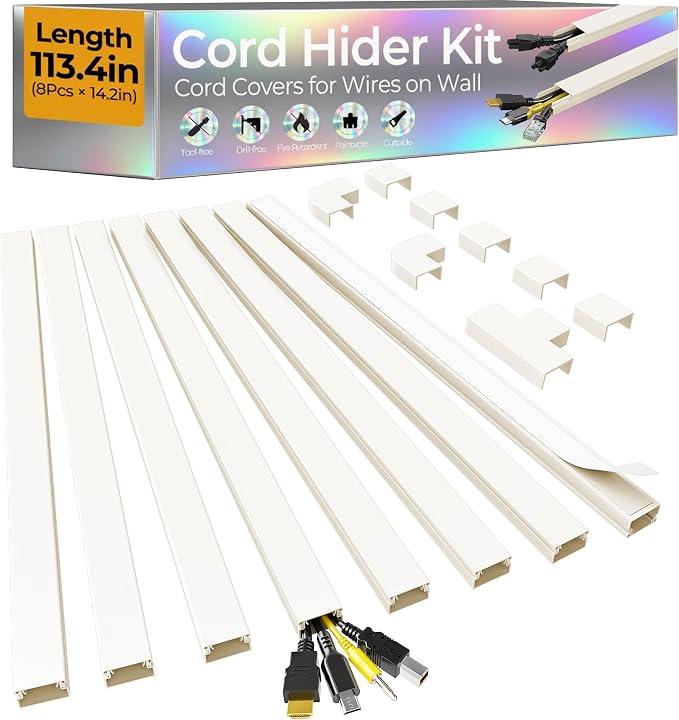 113.4in Cord Hider Kit, Cord Covers for 2-4 Wires on Wall, Self-Adhesive Cable Hider Wire Covers for Cords on Wall, Paintable Cord Hider for Walls Mount Tv, Cable Cover Raceway, W0.95 H0.55in, Beige by Wuitaouy