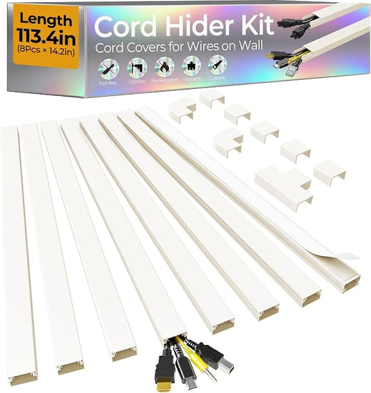 113.4in Cord Hider Kit, Cord Covers for 2-4 Wires on Wall, Self-Adhesive Cable Hider Wire Covers for Cords on Wall, Paintable Cord Hider for Walls Mount Tv, Cable Cover Raceway, W0.95 H0.55in, Beige by Wuitaouy