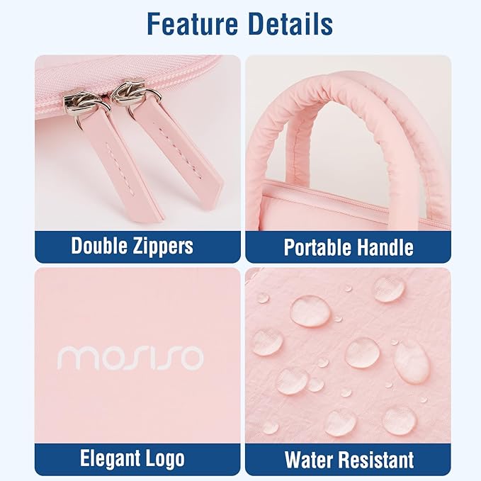 MOSISO Laptop Case 13.3 inch,13-13.3 inch Puffy Laptop Sleeve Compatible with MacBook Air 13 13.6/Pro/Neo 13/Pro 14,HP Dell ASUS Lenovo,Rectangle Quilted Bag with Handle&Flower Pendant, Pink