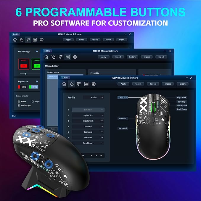 Wireless Gaming Mouse RGB Light, 3 Mode Wired 2.4G BT5.3 12000 DPI 7 Programmable Buttons, Magnetic Charging Dock for PC Laptop Gaming (Black)