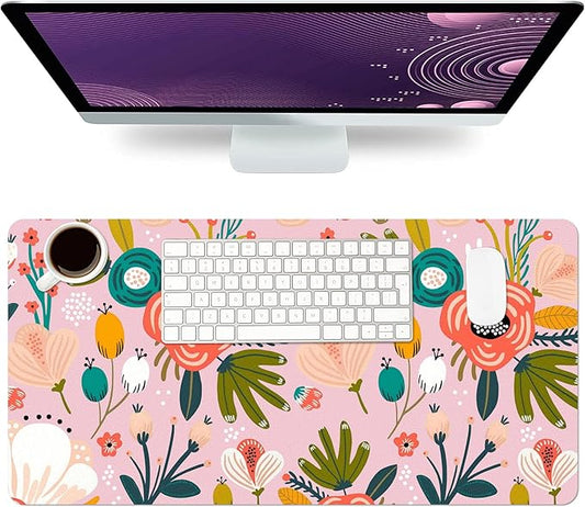 Desk Mat Large Protector Pad 31.5" ×15.7", Non-Slip PU Leather Desk Blotter, Waterproof Mouse Pad for Office Home Pink Floral