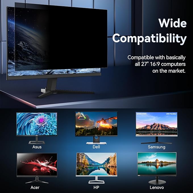 27 Inch Privacy Screen for Computer Monitor 16:9 Aspect Ratio, Eye Protection Anti Blue Light Glare Shield, 27in Removable Black Blackout Anti Spy Protector Film Desktop Security Private Filter