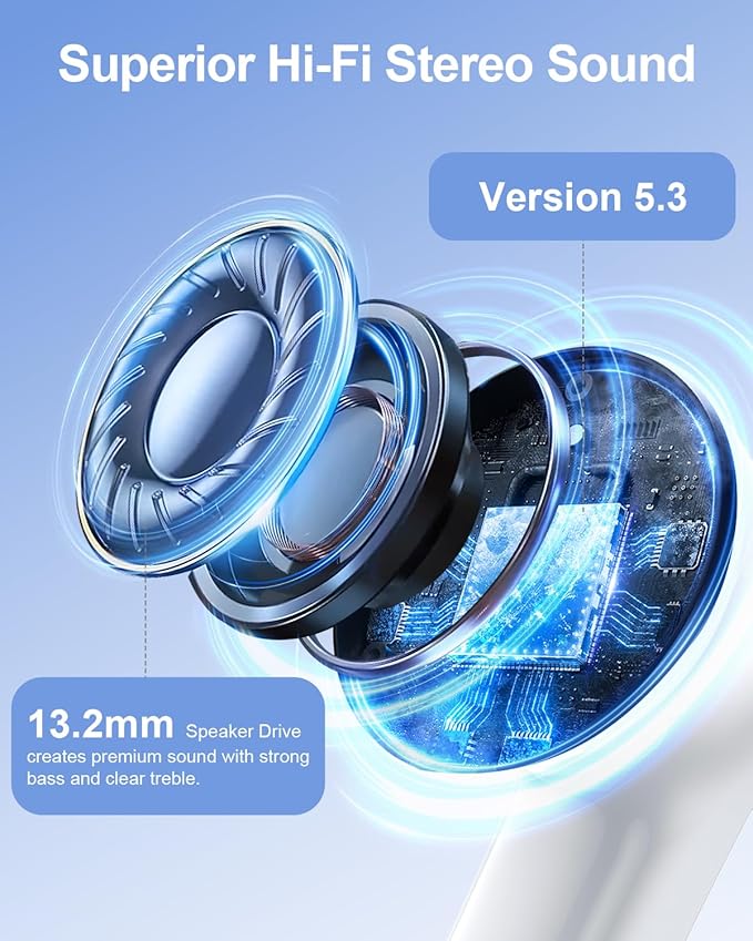 Wireless Earbuds, Bluetooth Ear Buds Headphones, 40H Long Playtime, Stereo Deep Bass, LED Power Display, IP7, Lightweight in Ear Earphone with Mic for iPhone Android Phone
